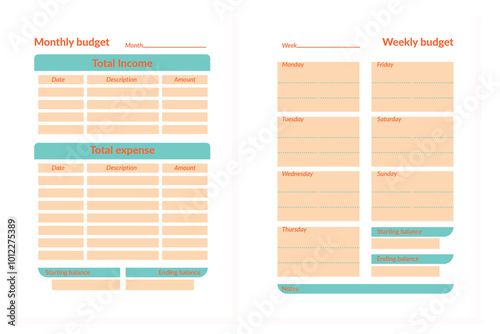 Set of planner pages in different colors. Monthly budget planner. Weekly budget planner. Expenses and finances. Planner page template. Finances. Calculations.