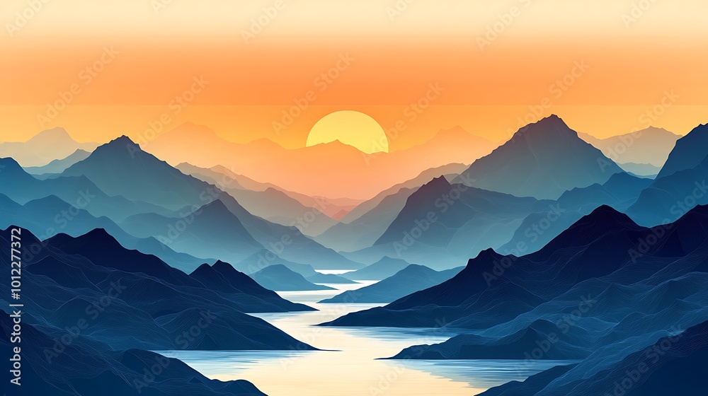 Peaceful Sunset Landscape with Mountains and River Peaceful Sunset Landscape with Mountains and River