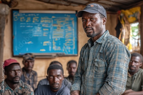 A man in a blue shirt and cap stands in front of a group of men in a room.