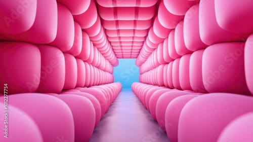 A tunnel of pink blocks with a blue light in the middle, AI