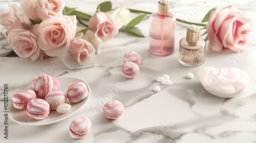 An Elegant Beauty Setup featuring Roses and a Variety of Decorative Sweets for All Occasions