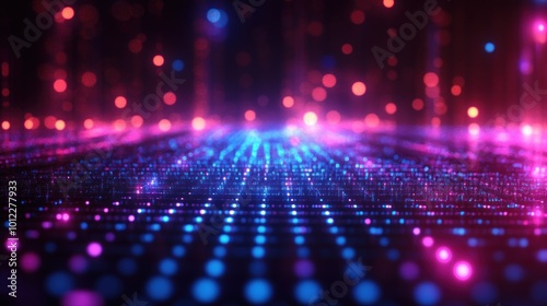 Abstract background with blue and pink glowing lights, a grid, and bokeh effect.