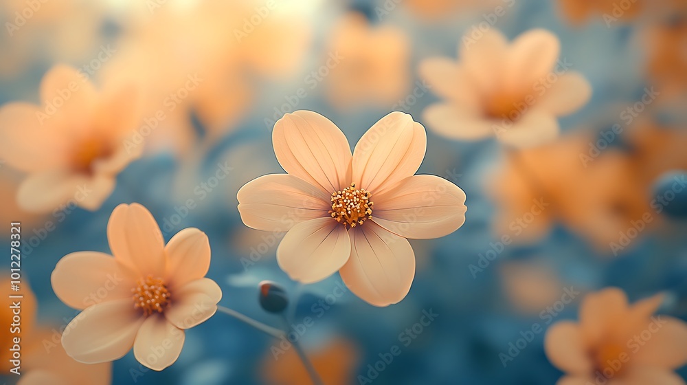Closeup of delicate, pastel orange wildflowers with a soft, dreamy background.