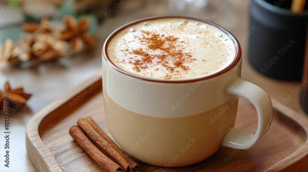 Chai latte with foamed milk and a pinch of cinnamon, cozy cafe atmosphere generative ai Chai latte with foamed milk and a pinch of cinnamon, cozy cafe atmosphere generative ai