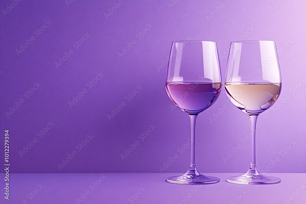 Two glasses, one with rose and one with white wine, are standing on a vibrant purple surface set against a matching backdrop. Copy space Two glasses, one with rose and one with white wine, are standing on a vibrant purple surface set against a matching backdrop. Copy space