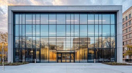 Futuristic urban building made of glass, concrete, and metal, with large glass panels reflecting the surrounding cityscape, sleek concrete walls, and metal frames accentuating the structure.