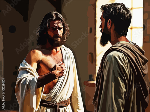 Gospel Images from the Bible NT - Jesus invites unbelieving Thomas to personally inspect His wounds