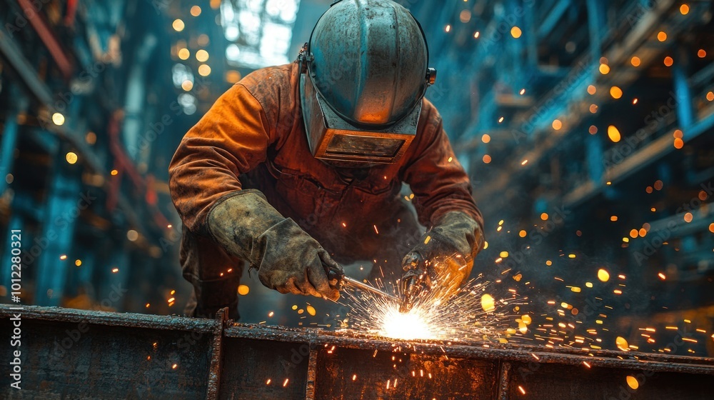 A welder wearing safety gear works on a metal beam in an industrial setting. Sparks fly from the welding torch as he works. A welder wearing safety gear works on a metal beam in an industrial setting. Sparks fly from the welding torch as he works.