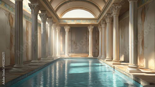 Ancient roman bathhouse interior: marble columns and pool. Roman Bathhouse. Illustration