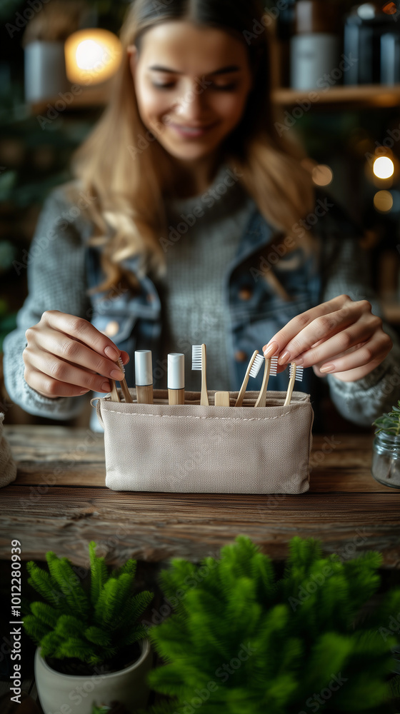 a woman holding a sustainable and renewable kit of eco friendly toothbrushes to care for the environment
