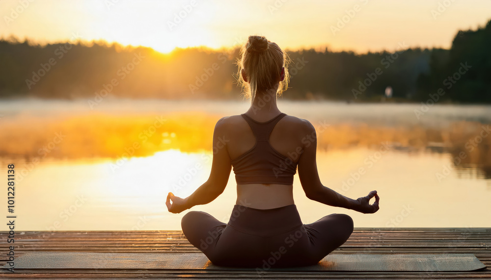 A young fit woman practicing wellness meditation in a lotus position, focusing on deep breathing, surrounded by a serene environment that promotes relaxation and mindfulness. A young fit woman practicing wellness meditation in a lotus position, focusing on deep breathing, surrounded by a serene environment that promotes relaxation and mindfulness.