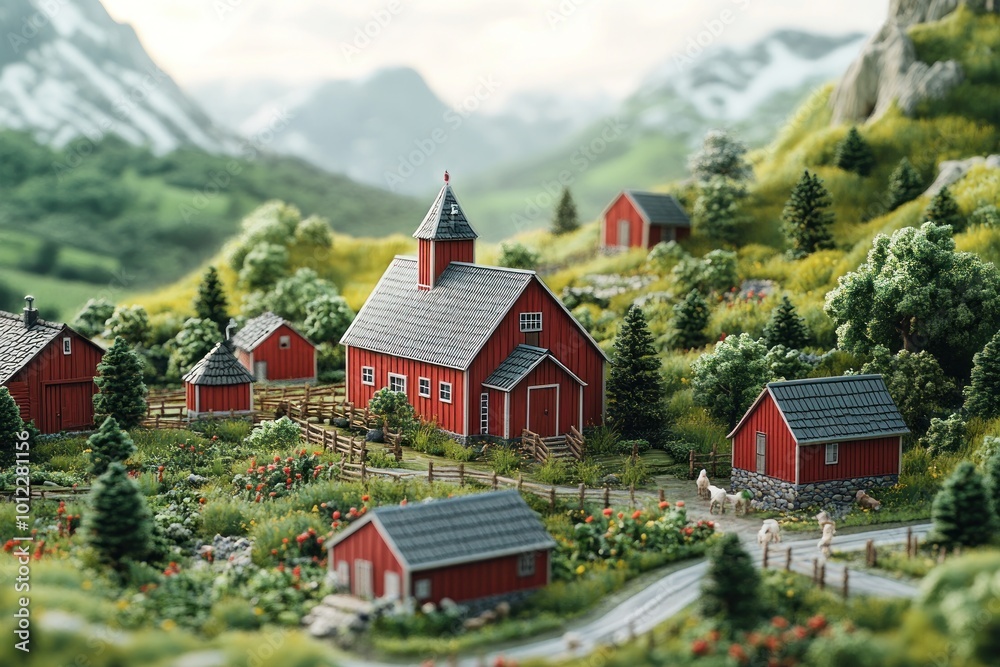 A miniature village nestled in a lush valley, surrounded by mountains and green meadows. A miniature village nestled in a lush valley, surrounded by mountains and green meadows.