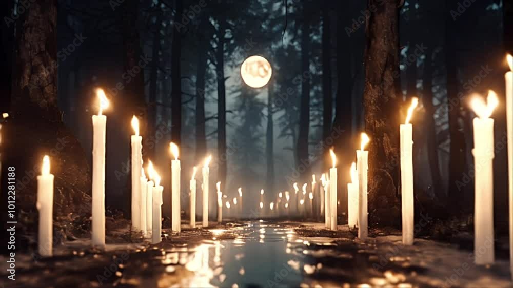 Mysterious moonlit forest scene with slow motion of glowing candles lined along reflective path. Mist and shadows creating surreal and magical ambiance. Witchcraft, rituals, Halloween Mysterious moonlit forest scene with slow motion of glowing candles lined along reflective path. Mist and shadows creating surreal and magical ambiance. Witchcraft, rituals, Halloween