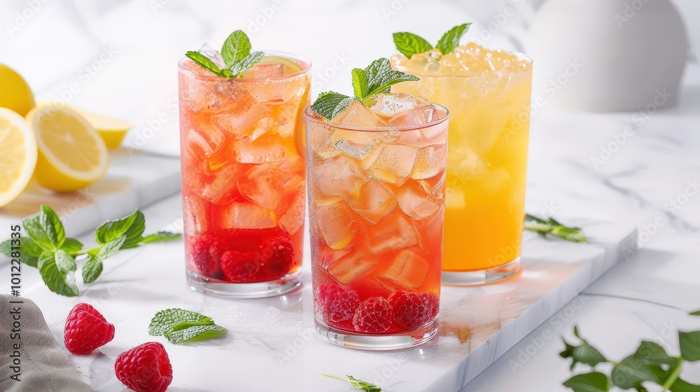 Refreshing Trio of Raspberry Mocktail, Lemonade, and Iced Tea with Mint on Marble Refreshing Trio of Raspberry Mocktail, Lemonade, and Iced Tea with Mint on Marble