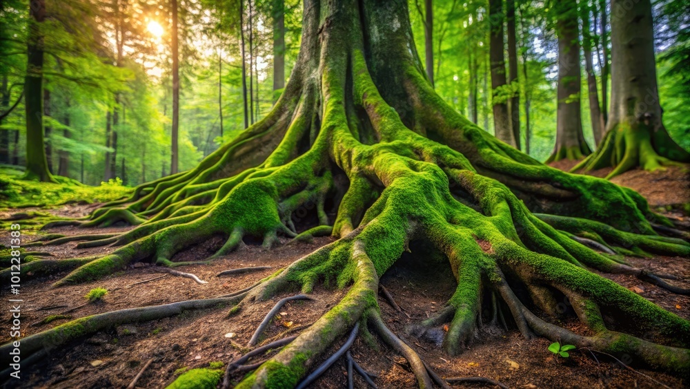 Intricate and Twisted Tree Roots Emerging from the Rich Soil in a Lush Green Forest Setting Intricate and Twisted Tree Roots Emerging from the Rich Soil in a Lush Green Forest Setting