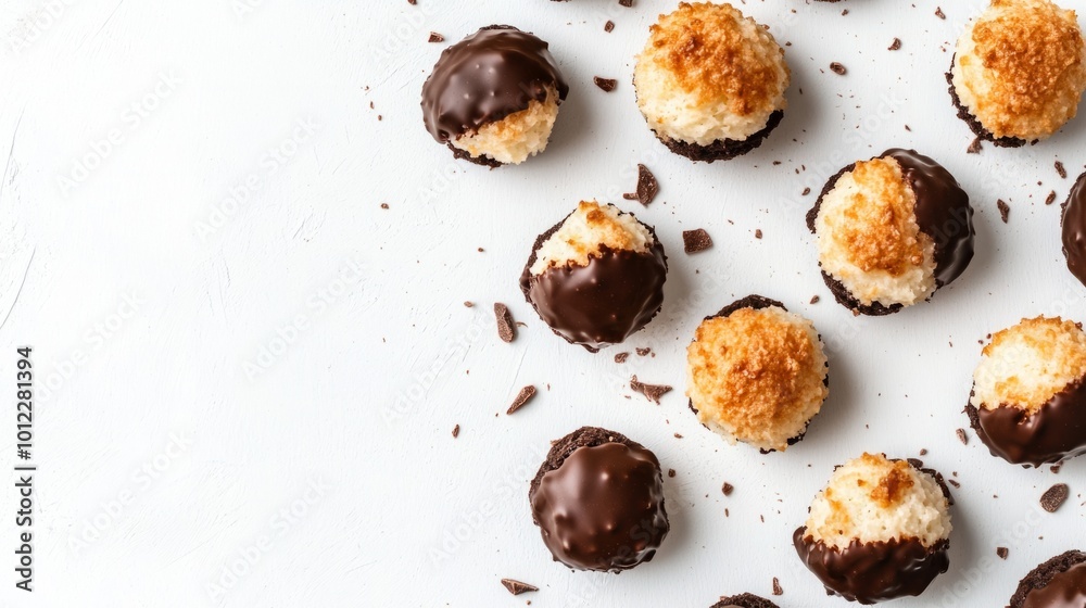 Coconut macaroons dipped in dark chocolate, white background generative ai Coconut macaroons dipped in dark chocolate, white background generative ai