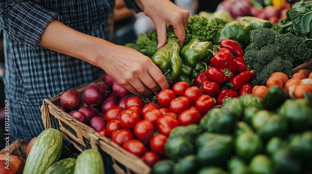 a man's hands working with healthy organic vegetables like tomatoes, lettuce, onions, and carrots from an ecological garden for sustainable food