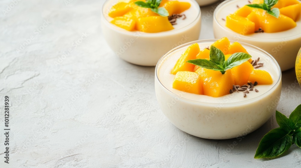 Coconut milk panna cotta with mango slices, white background generative ai Coconut milk panna cotta with mango slices, white background generative ai