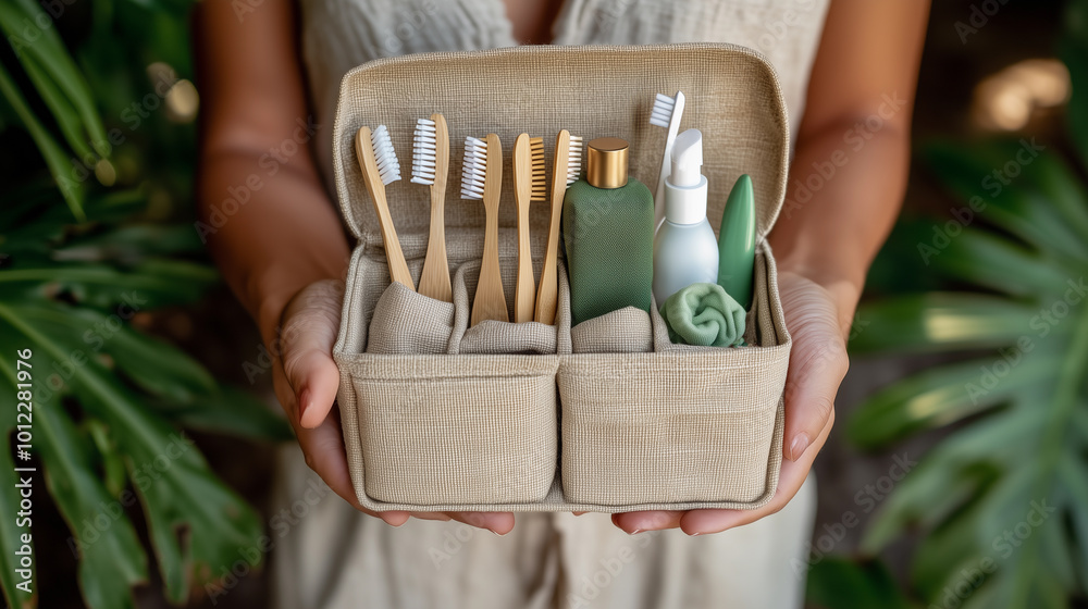 a woman holding a sustainable and renewable kit of eco friendly toothbrushes to care for the environment