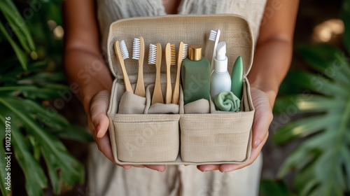 Obraz na płótnie a woman holding a sustainable and renewable kit of eco friendly toothbrushes to care for the environment w salonie
