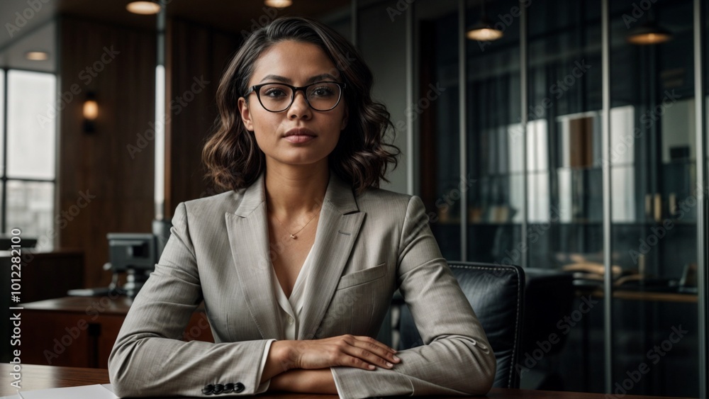 young businesswoman exuding ambition and confidence in a sleek office setting young businesswoman exuding ambition and confidence in a sleek office setting