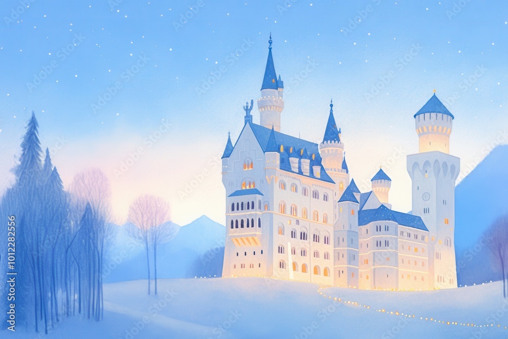 Obraz premium Fantasy ice castle glowing with Christmas lights, surrounded by twinkling stars, watercolor