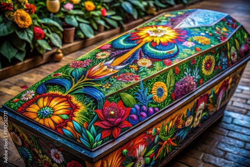 Intricate Coffin Drawing with Elegant Details and Symbols Representing Life and Death Themes