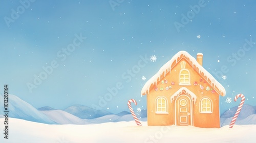 Gingerbread house glowing in the moonlight, surrounded by candy canes and snowflakes