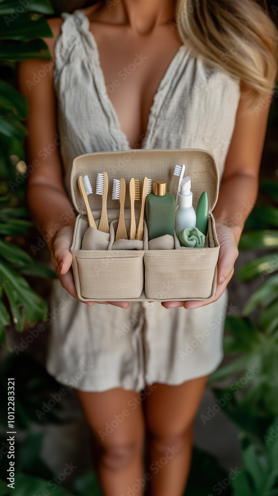 a woman holding a sustainable and renewable kit of eco friendly toothbrushes to care for the environment