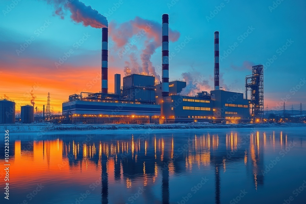 Obraz premium Industrial power plant with smokestacks emitting smoke at sunset, reflected in a frozen river.
