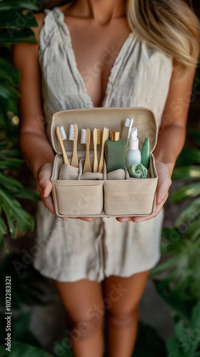 Obraz na płótnie a woman holding a sustainable and renewable kit of eco friendly toothbrushes to care for the environment w salonie