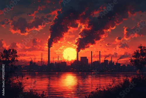 A factory skyline with smoke billowing into a dramatic sunset sky over a still lake.