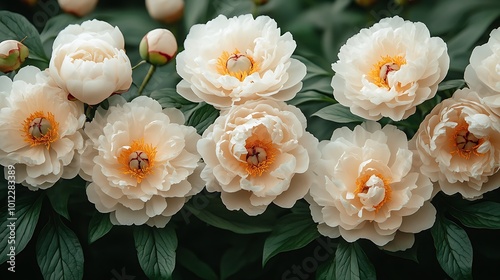 A row of white peonies with yellow centers bloom in a garden.