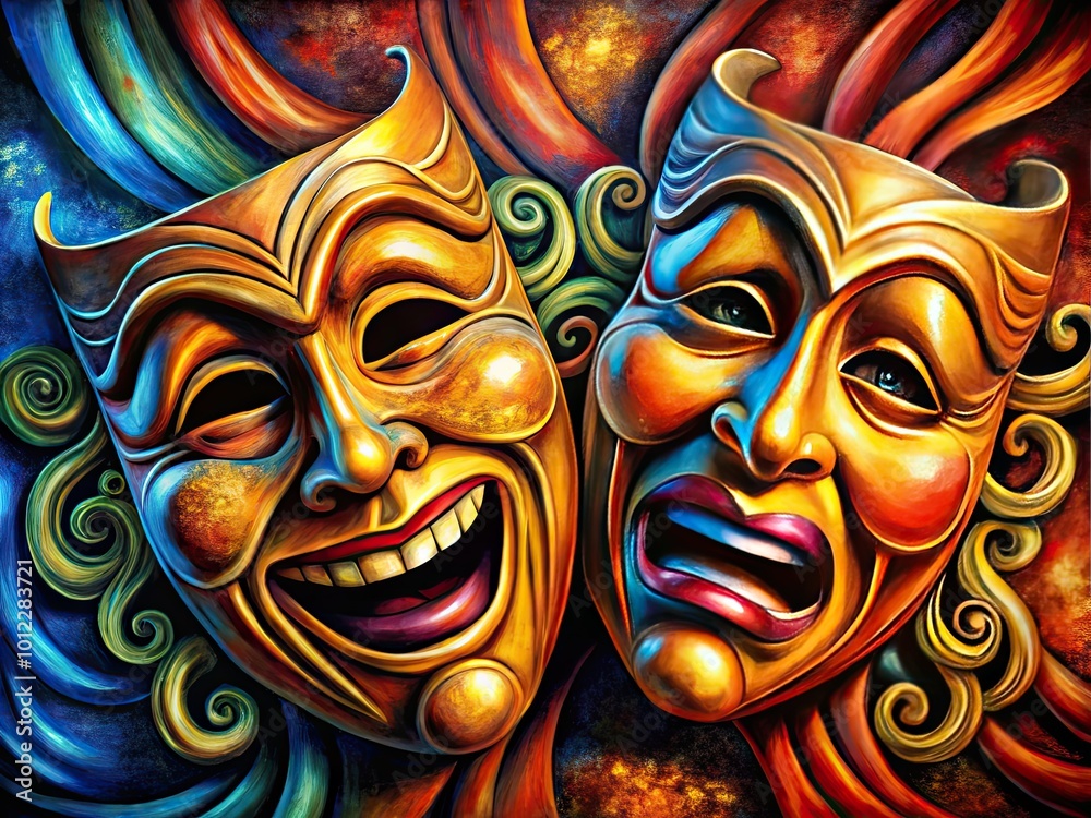 Intricate Drawing of Theatre Masks Representing Comedy and Tragedy in Artistic Style and Detail Intricate Drawing of Theatre Masks Representing Comedy and Tragedy in Artistic Style and Detail