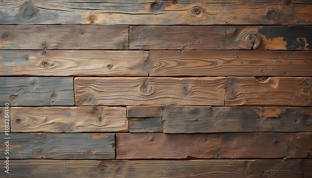 Naklejka premium A rough texture of reclaimed wood planks with varied shades and grain patterns, showcasing the rustic charm and character of salvaged timber, ideal for natural decor and design.
