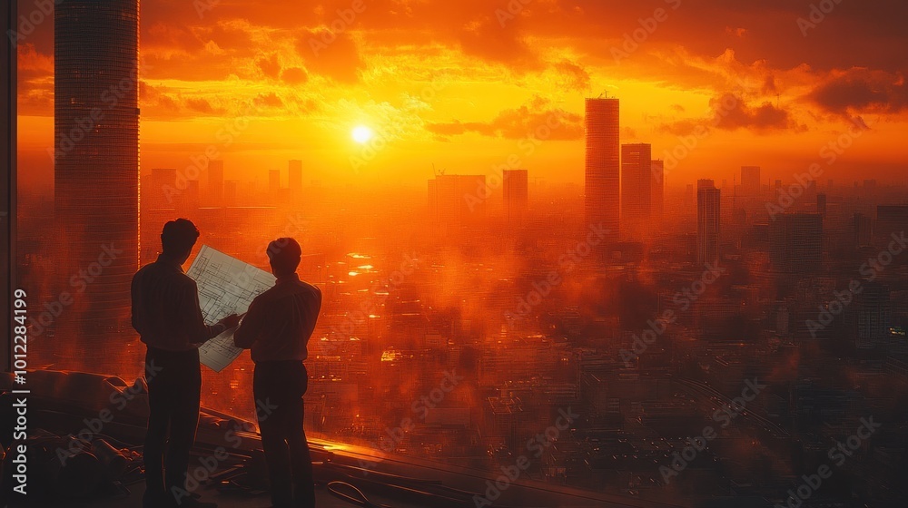 Two businessmen standing on a rooftop overlooking a cityscape at sunset, discussing a blueprint. Two businessmen standing on a rooftop overlooking a cityscape at sunset, discussing a blueprint.