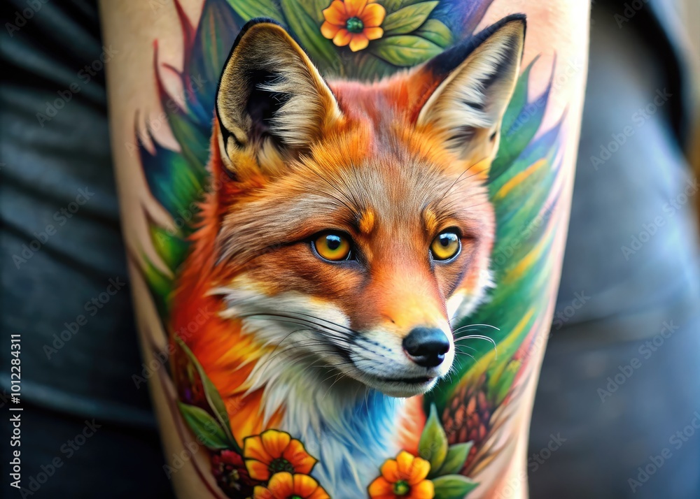 Fototapeta premium Intricate Fox Tattoo Design on Skin Showcasing Detailed Lines and Vibrant Colors in Artistry