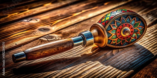 Intricate Garotte Tool on Wooden Surface with Detailed Texture and Shadow Play in Soft Lighting photo