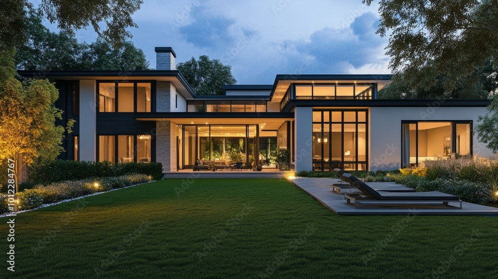 Contemporary home exterior with clean lines, lawn, and evening lights generative ai Contemporary home exterior with clean lines, lawn, and evening lights generative ai