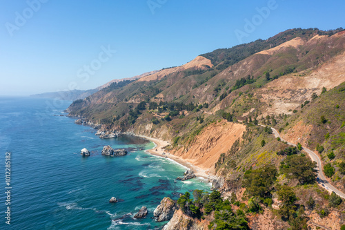 Beautiful landscape of Pacific Ocean coast along Highway 1 and Big Sur, aerial view, sunset, sunrise, fog. Concept, travel, vacation, weekend