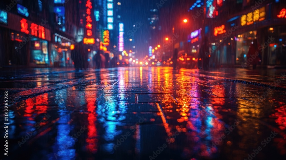 A rainy night in the city with vibrant neon lights reflecting on the wet pavement.