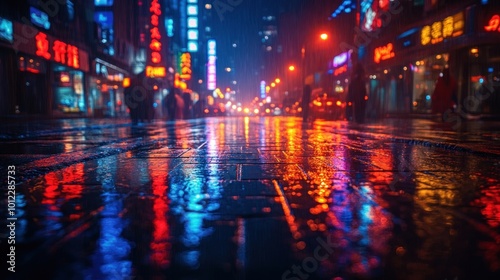 A rainy night in the city with vibrant neon lights reflecting on the wet pavement.