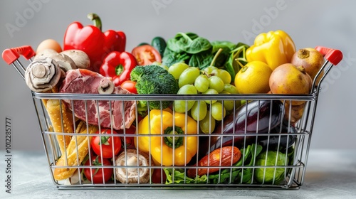 Fresh groceries in a shopping basket with diverse produce