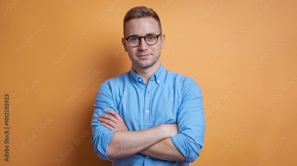 Confident young professional stands with arms crossed. Confident young professional stands with arms crossed.