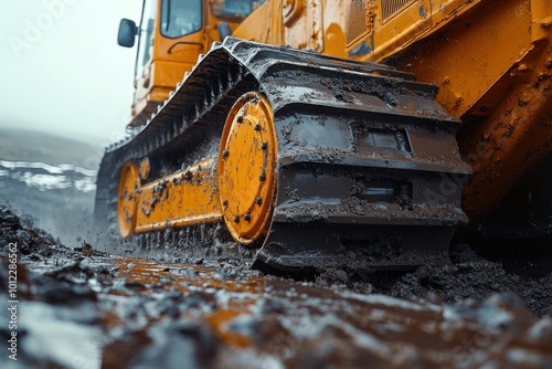 Close-up of a bulldozer's tracks covered in mud. photo