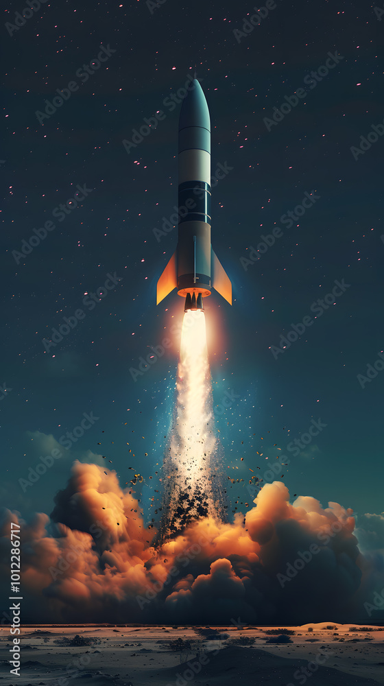 Fototapeta premium A powerful rocket launching at night, creating a bright trail of exhaust and smoke, epitomizes the spirit of exploration and ambition in aerospace and technology sectors