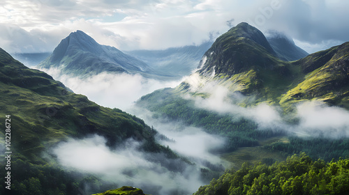 High-angle shot of the scottish highlands covered in mist. Scottish Highlands. Illustration