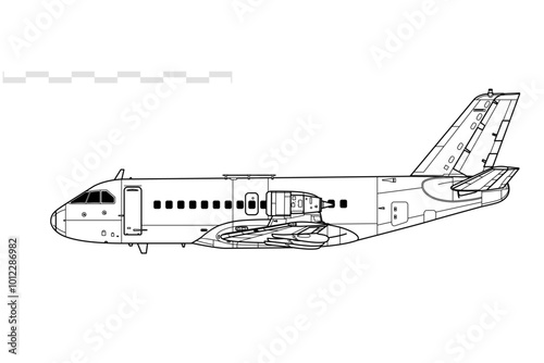 VFW Fokker 614. Vector drawing of regional passenger jet airliner. Side view. Image for illustration and infographics.