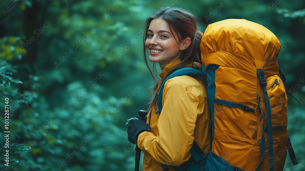 a young woman backpacker outfit trakking yellow exploring in the forest, reflecting adventure and sustainable tourism in nature