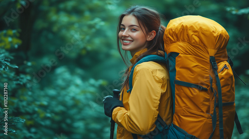 Obraz na płótnie a young woman backpacker outfit trakking yellow exploring in the forest, reflecting adventure and sustainable tourism in nature w salonie